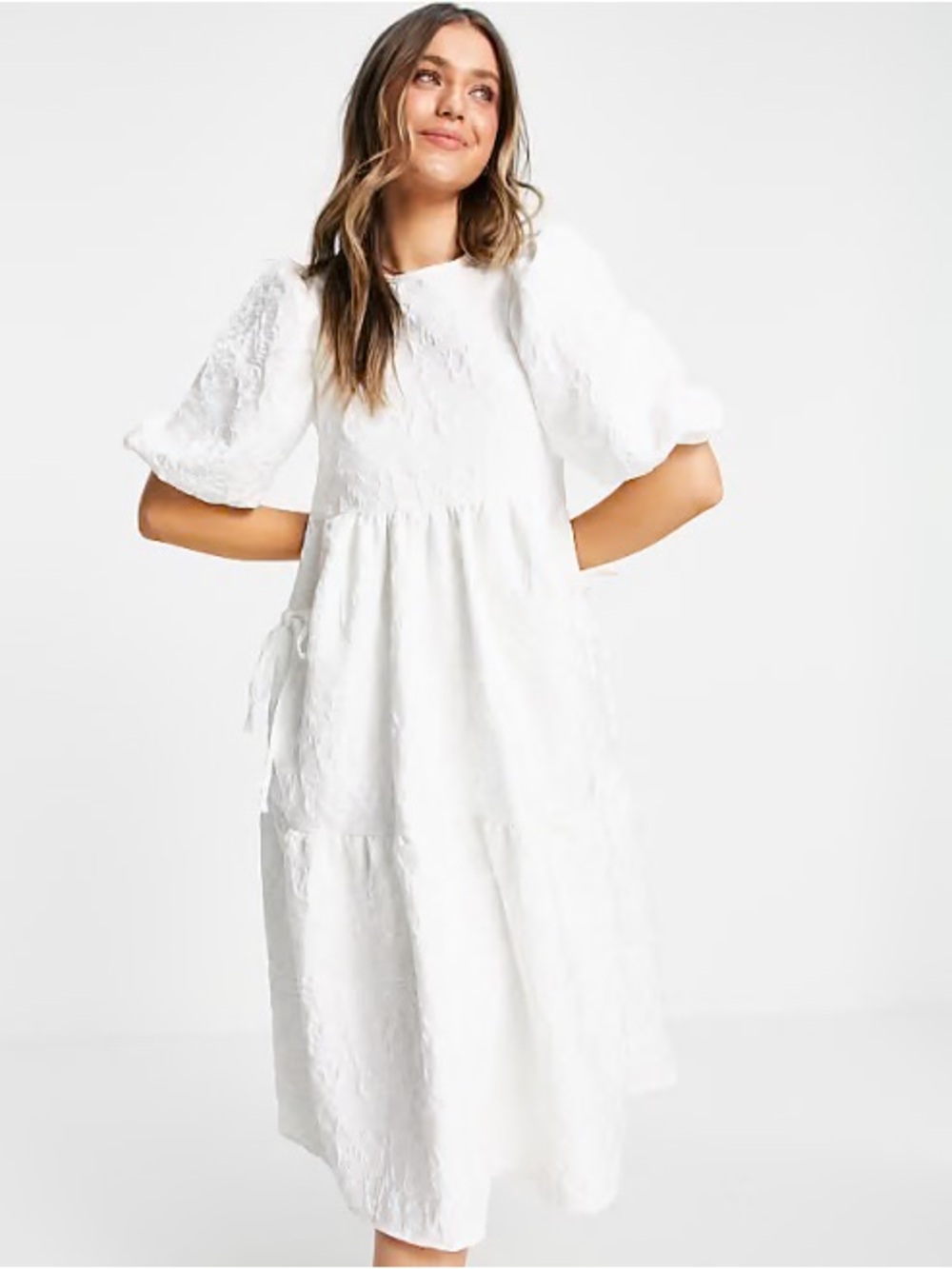 ASOS White Textured Tiered Midi Dress